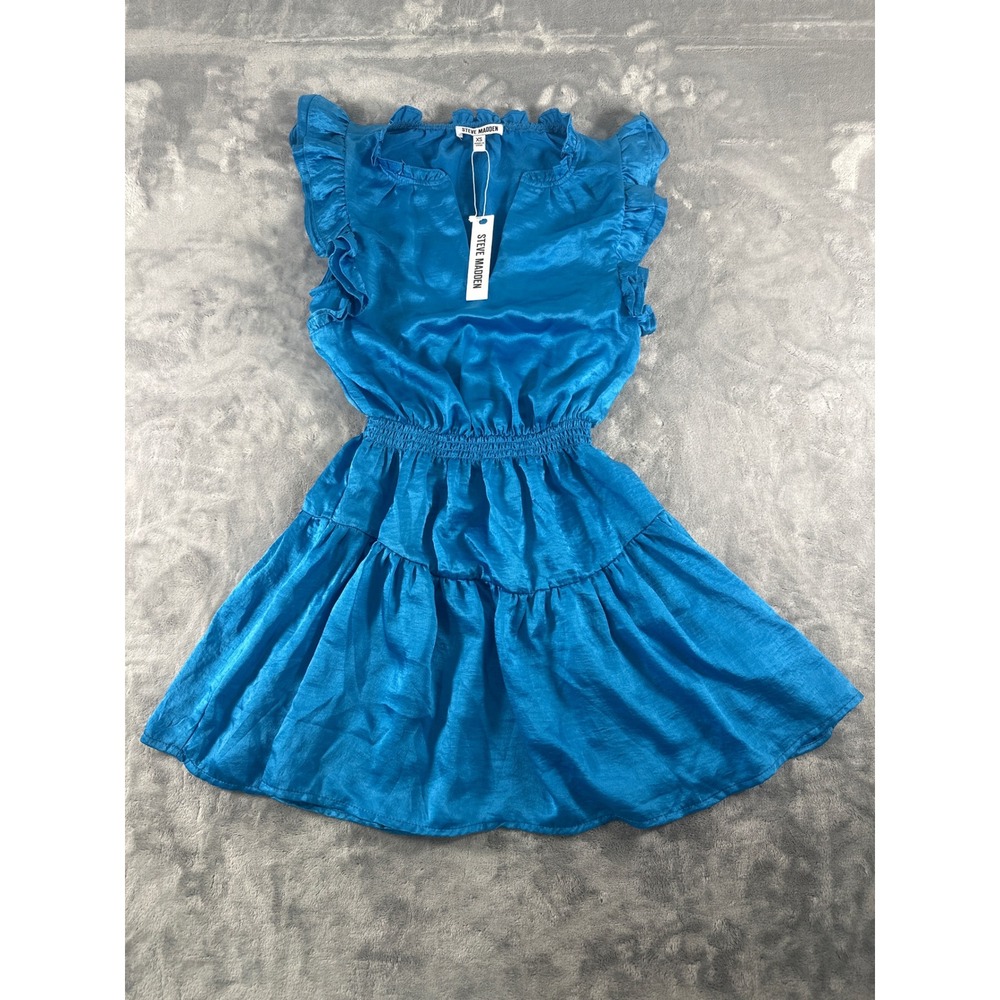 Steve Madden Blue Satin Ruffle Tiered Mini Dress Smocked Waist XS New